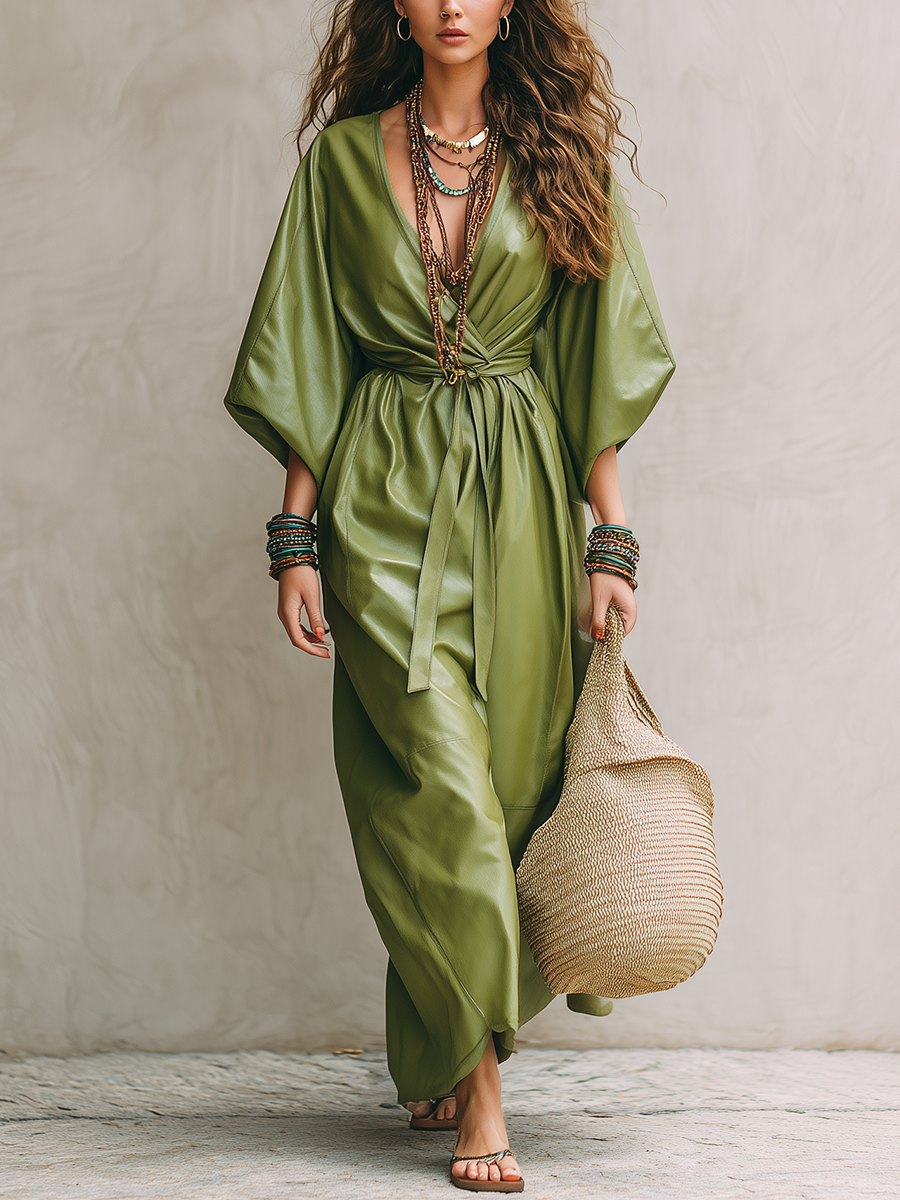 Bohemian Style Olive Green PU Long Dress