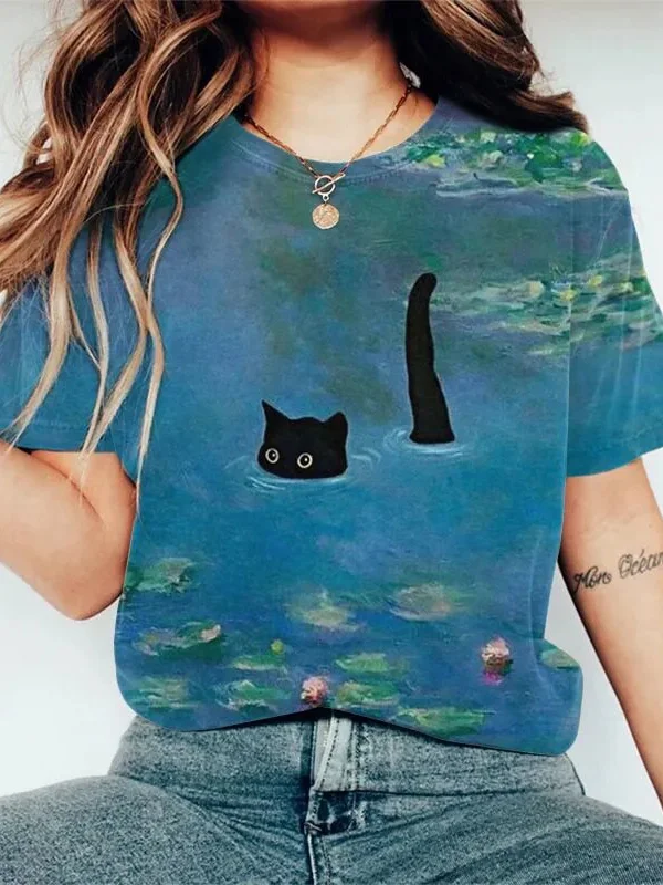 Women's Cute Cat Lotus Graphic Print Casual T-Shirt