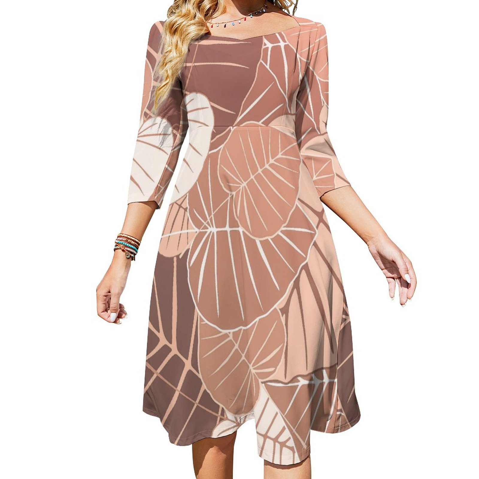 Simple Brown Autumn Leaves Foliage Background Dress Sweetheart Tie Back Flared 3/4 Sleeve Midi Dresses