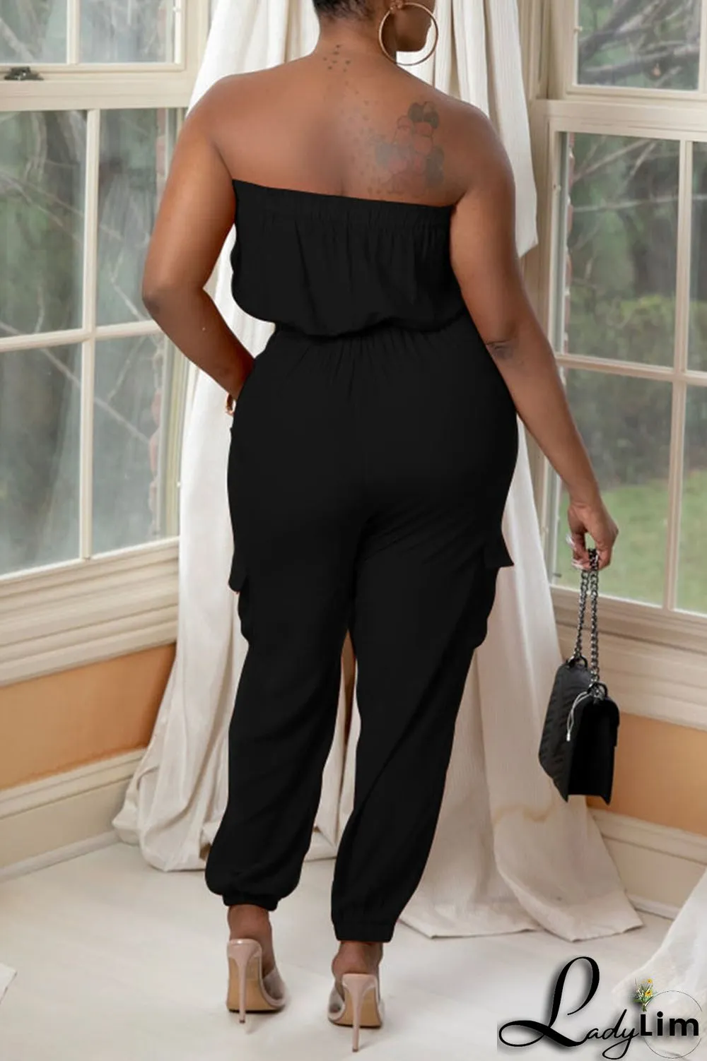 Orange Casual Solid Split Joint Strapless Regular Jumpsuits