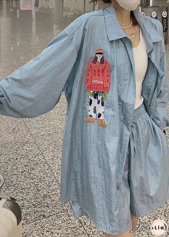 Loose Blue Button Print Pockets Cotton Two Pieces Set Long Sleeve