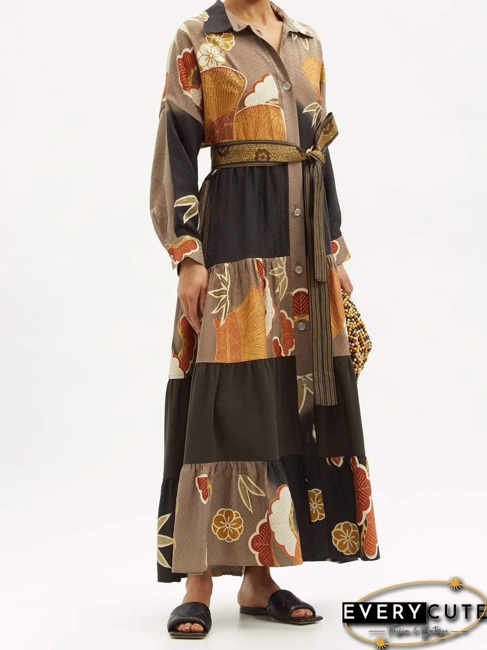 Lapel Pattern Joint Women Casual Long Dress