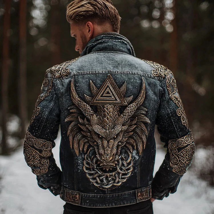 Men's Viking Dragon Art Washed Denim Jacket
