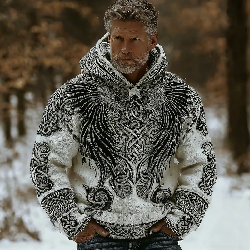 Men's Viking Wing Pattern Knit Hooded Sweater elevenforest