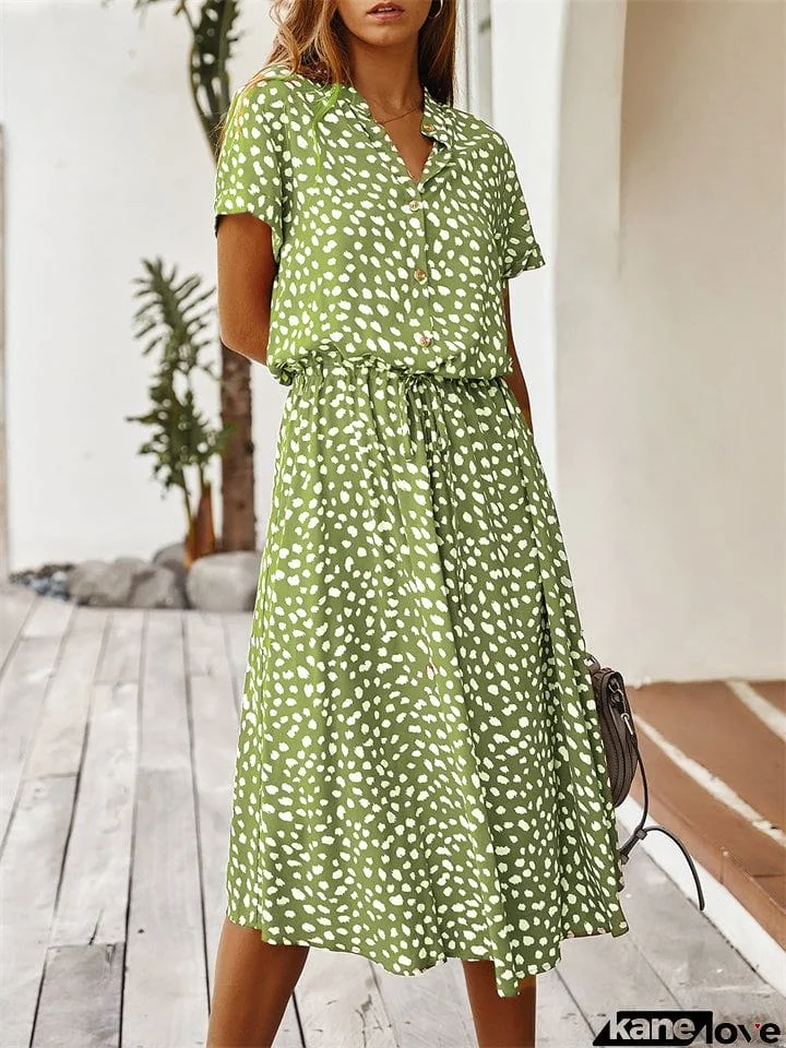 Casual V-Neck Printed Short Sleeve Dresses