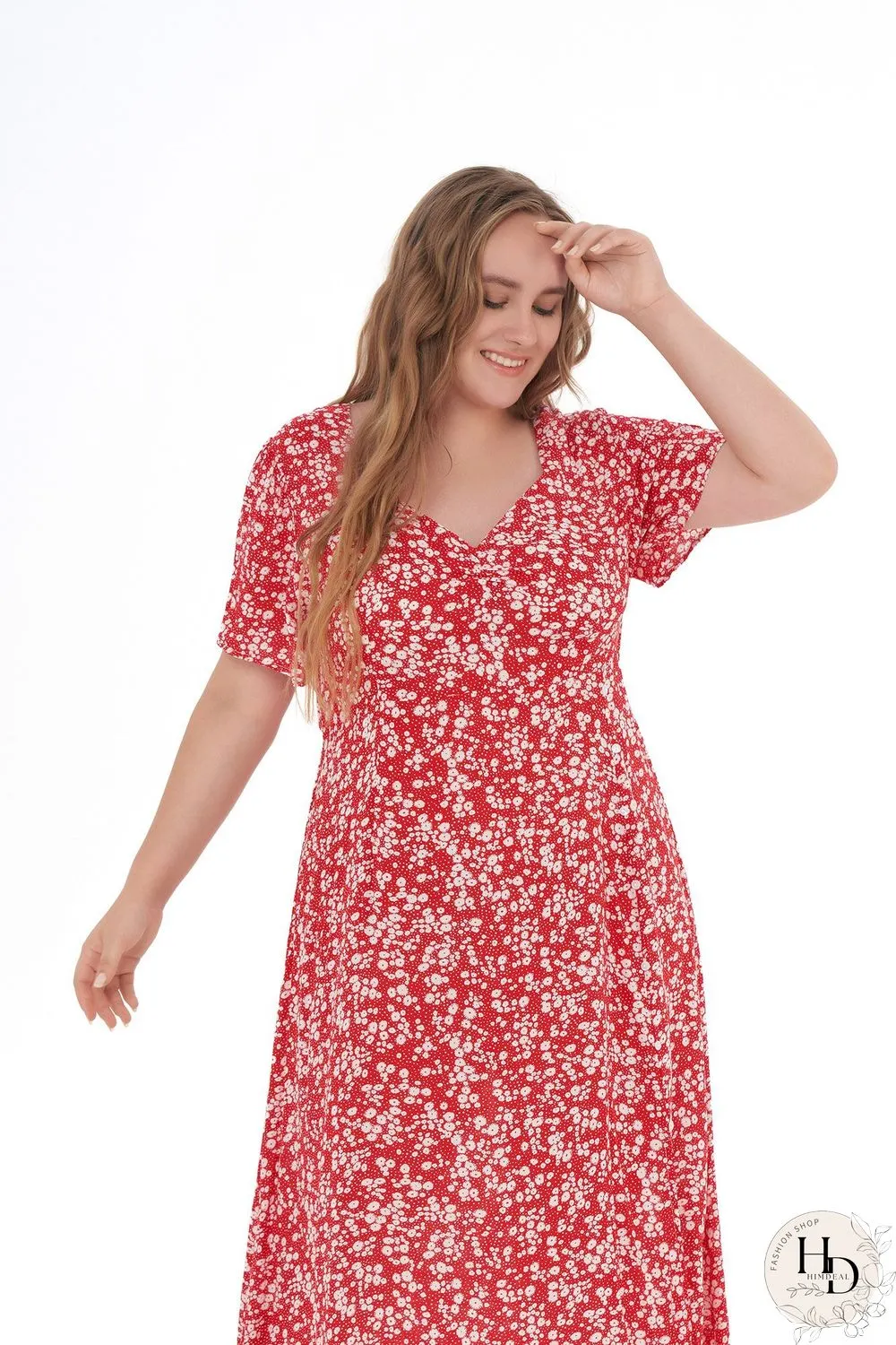Floral Print Short-sleeved Side-slit Midi Dress P11922