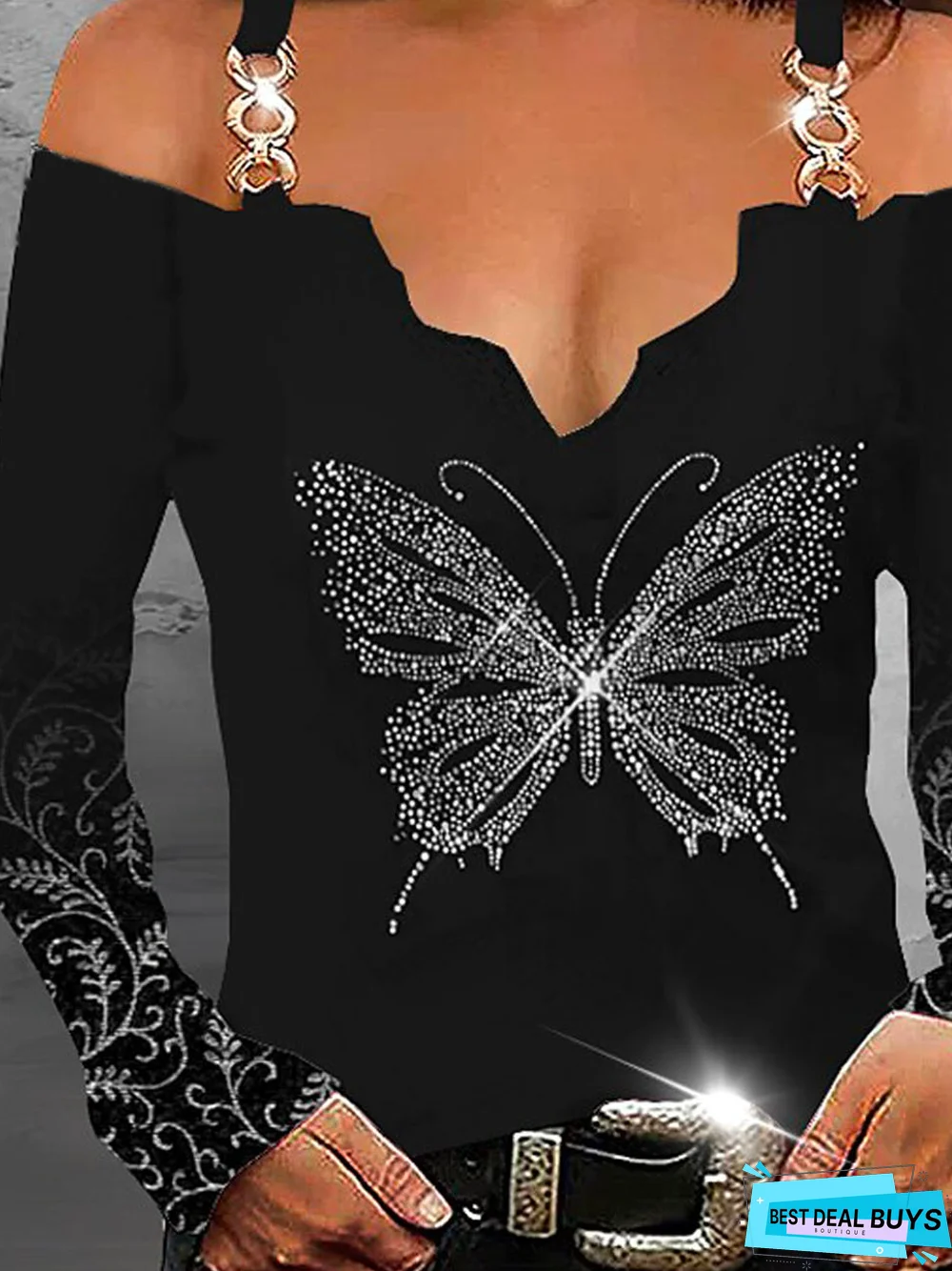 Boat Neck Jersey Butterfly Party T-Shirt