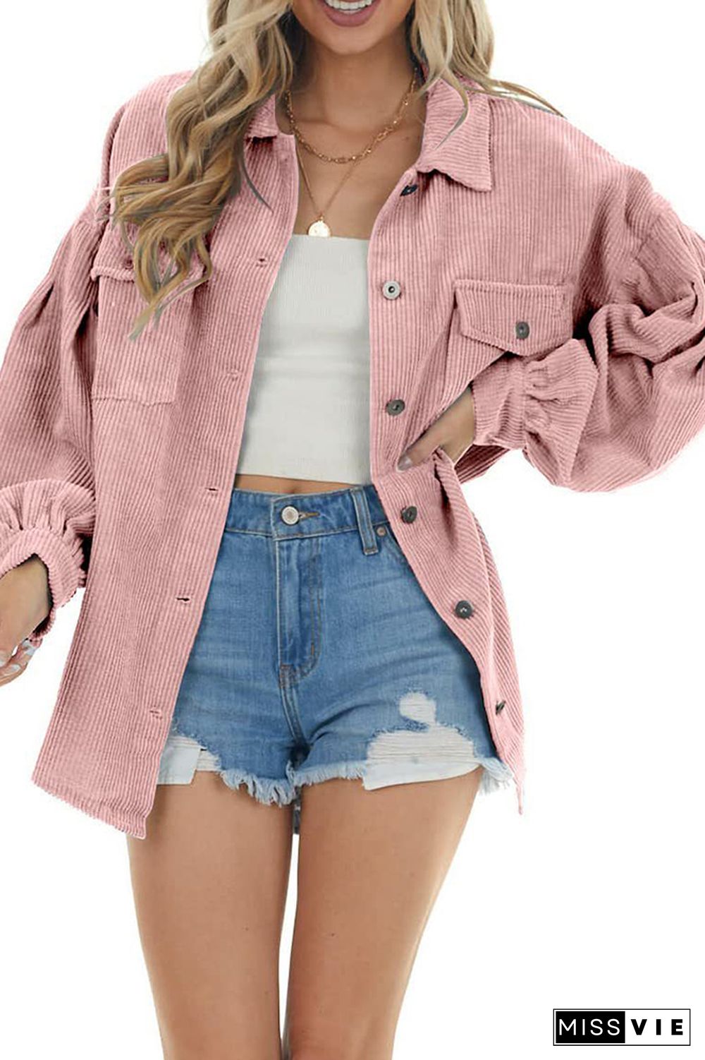Lantern Sleeve Button Pockets Corduroy Shirt