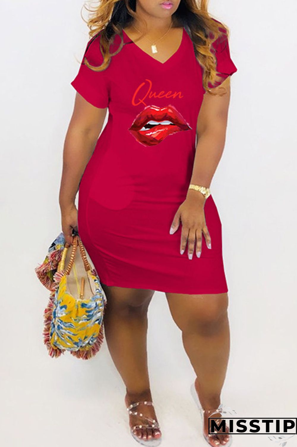 Red Casual Print Patchwork O Neck Straight Dresses