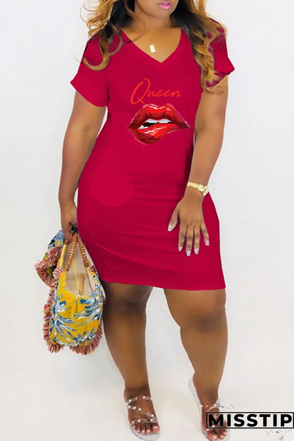 Red Casual Print Patchwork O Neck Straight Dresses