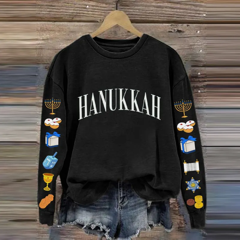 Women's Hanukkah Printed Crew Neck Casual Sweatshirt
