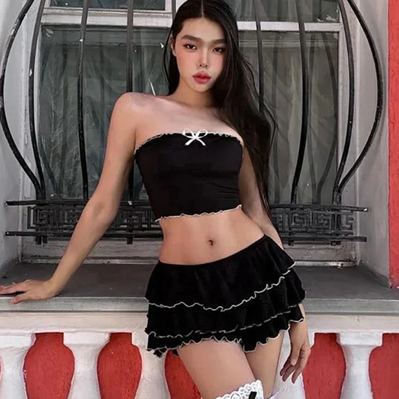 Toloer Black Bow Crop Top Ruffled Mini Skirt Set-Outfit Ideas