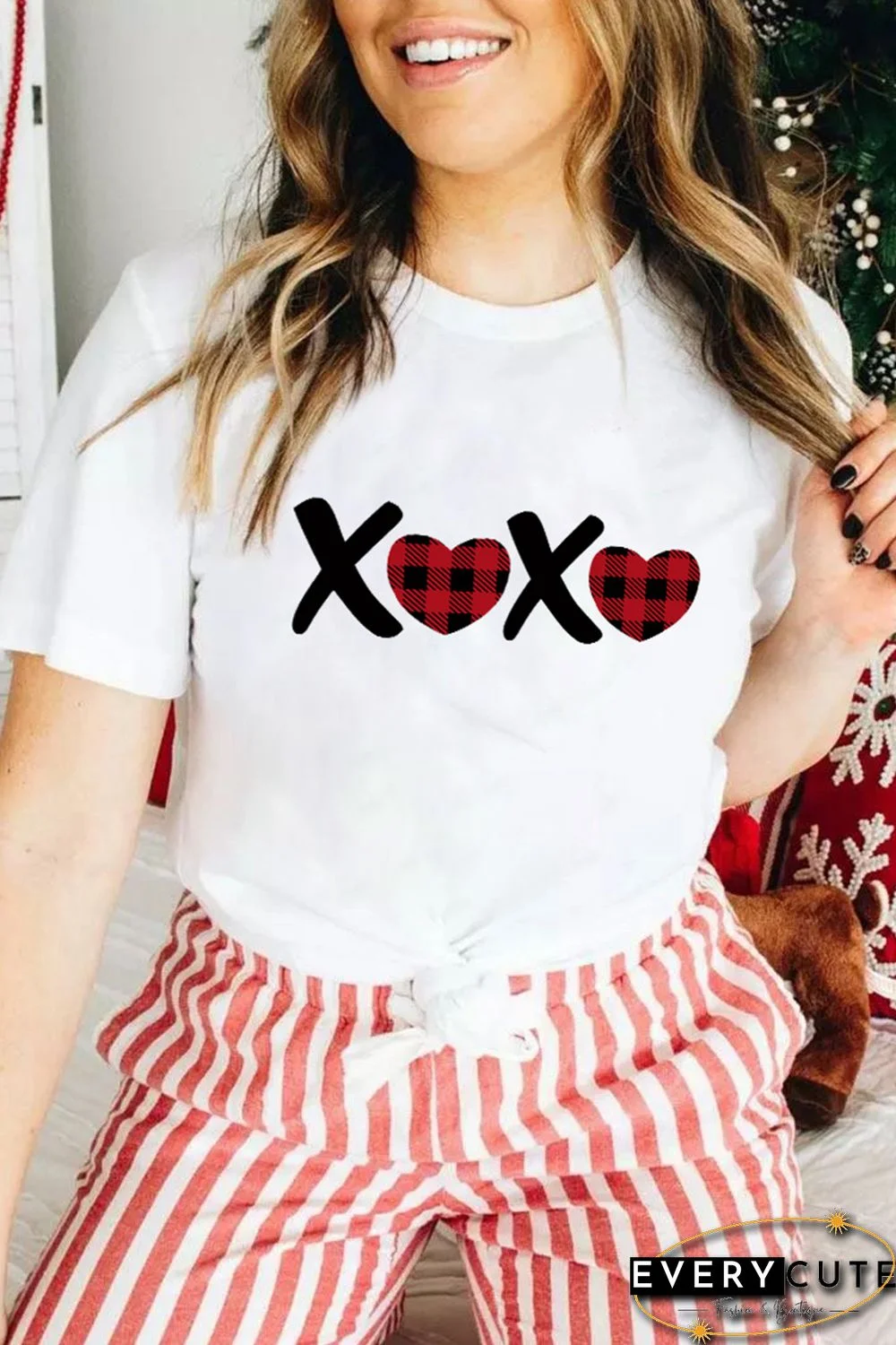 Plaid Heart Letter Print Short Sleeve T-shirt