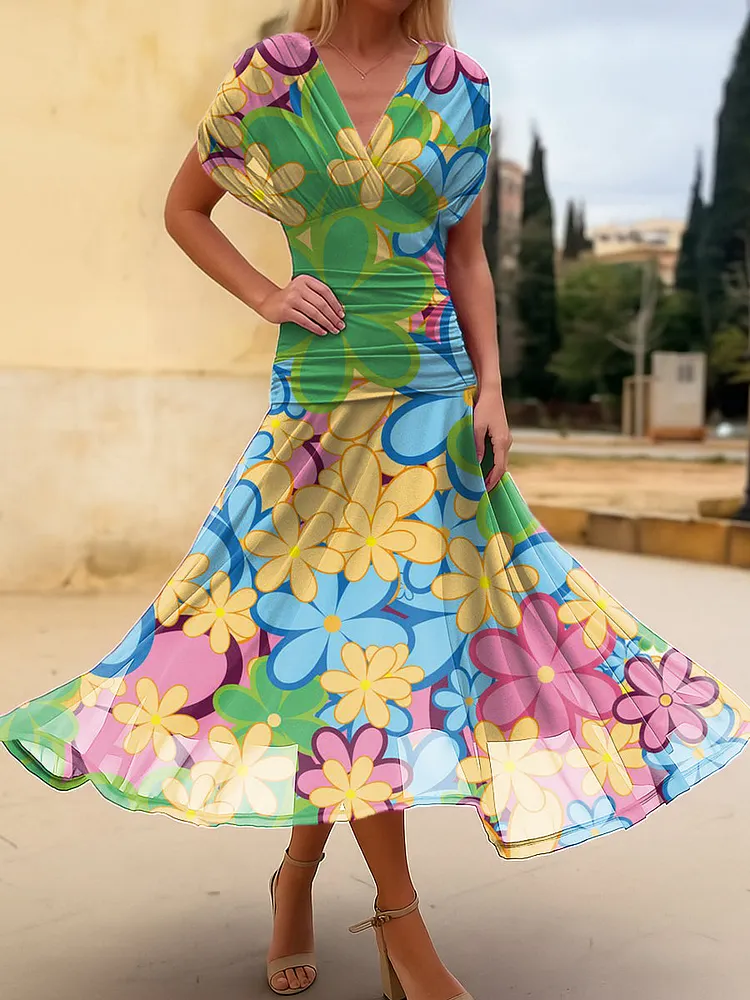 Women's Colorful Large Flower Painting Art Print Cotton Dress