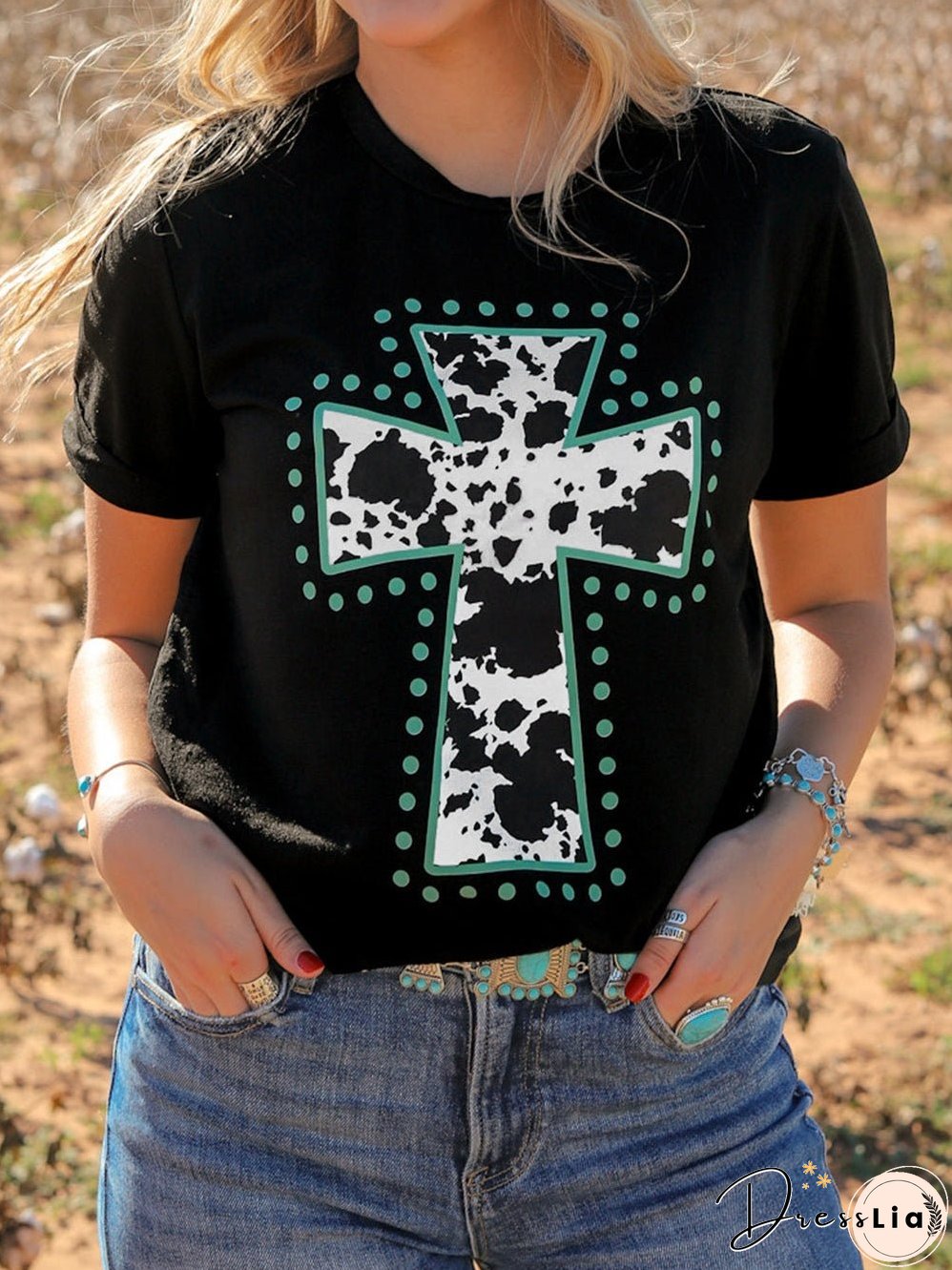 Cow Spots Cross Graphic Tee - Western Vibes