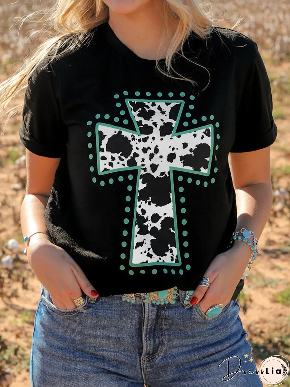 Cow Spots Cross Graphic Tee - Western Vibes