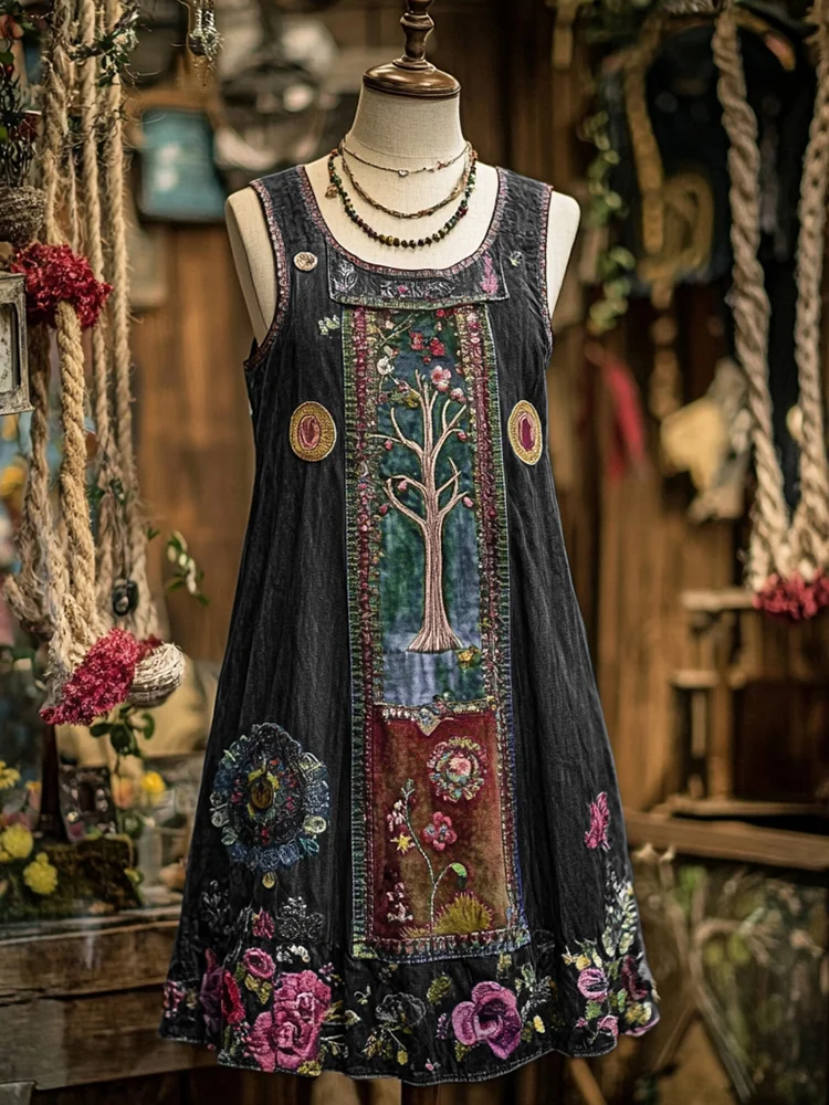 Women's Vintage Denim Velvet Tree Panel Sleeveless Dress