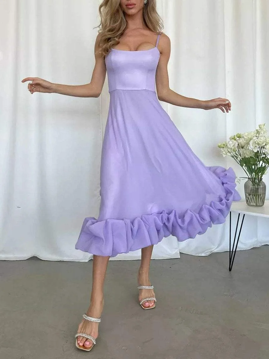 Elegant Solid Color Sling Midi Dress