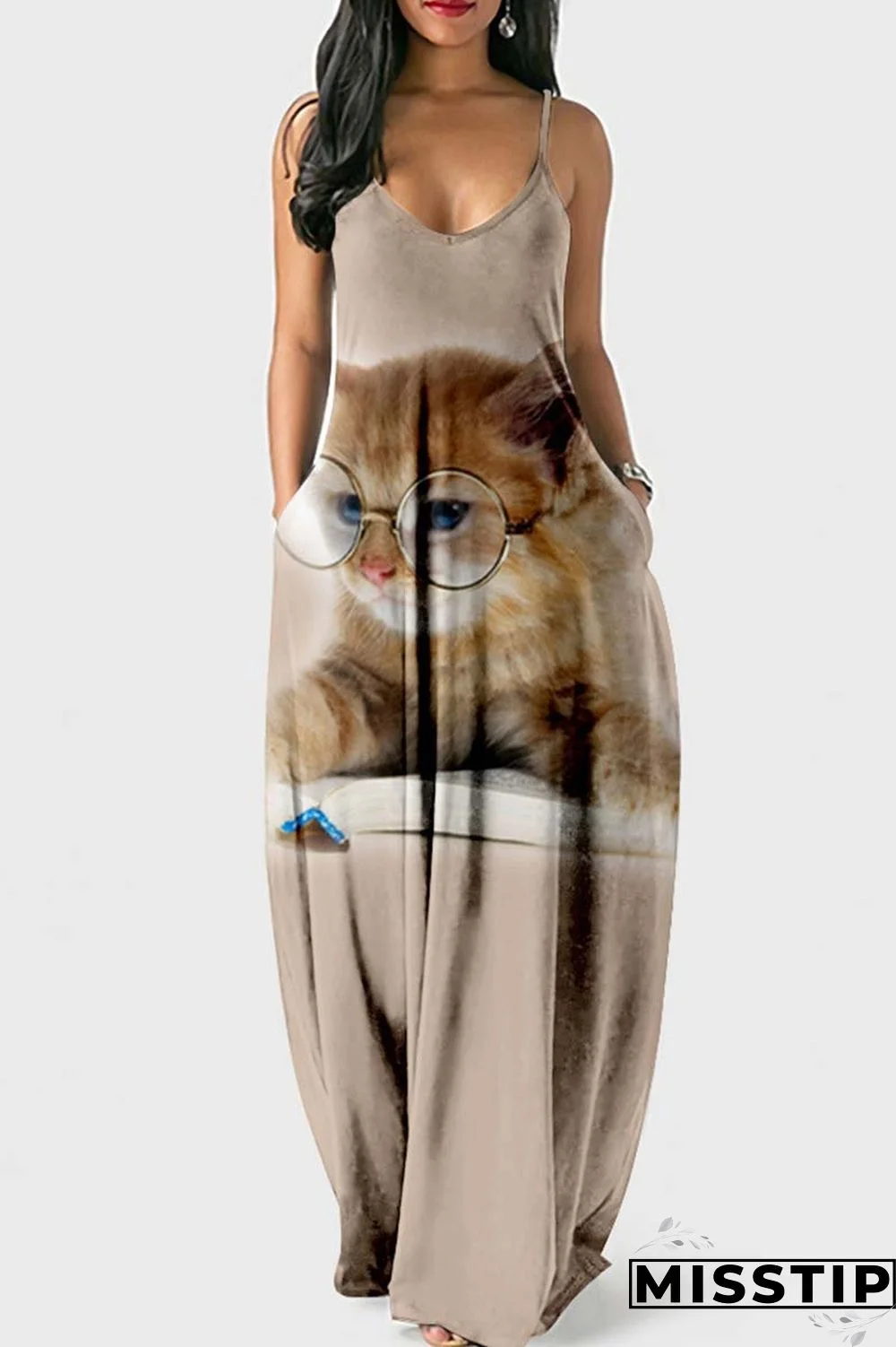 Khaki Sexy Casual Print Backless Spaghetti Strap Long Dress Dresses