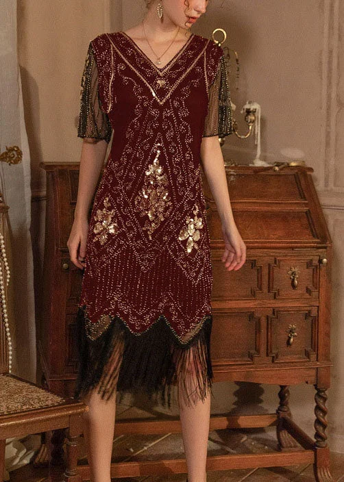 Stylish Mulberry V Neck Tasseled Sequins Long Dress Summer