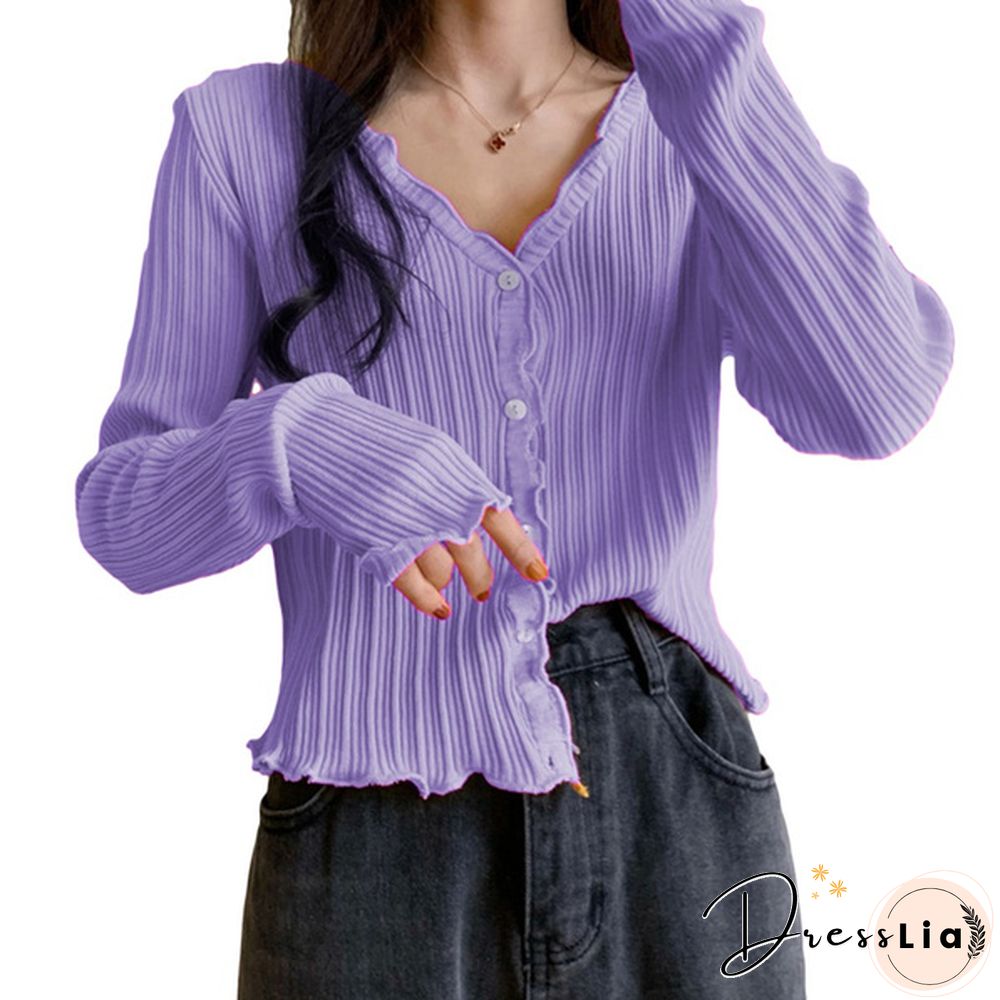 Women's V-neck Long-sleeved Thin Cardigan Short Loose Lazy Top Spring and Autumn