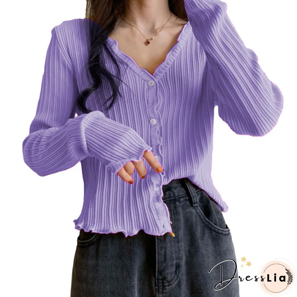 Women's V-neck Long-sleeved Thin Cardigan Short Loose Lazy Top Spring and Autumn