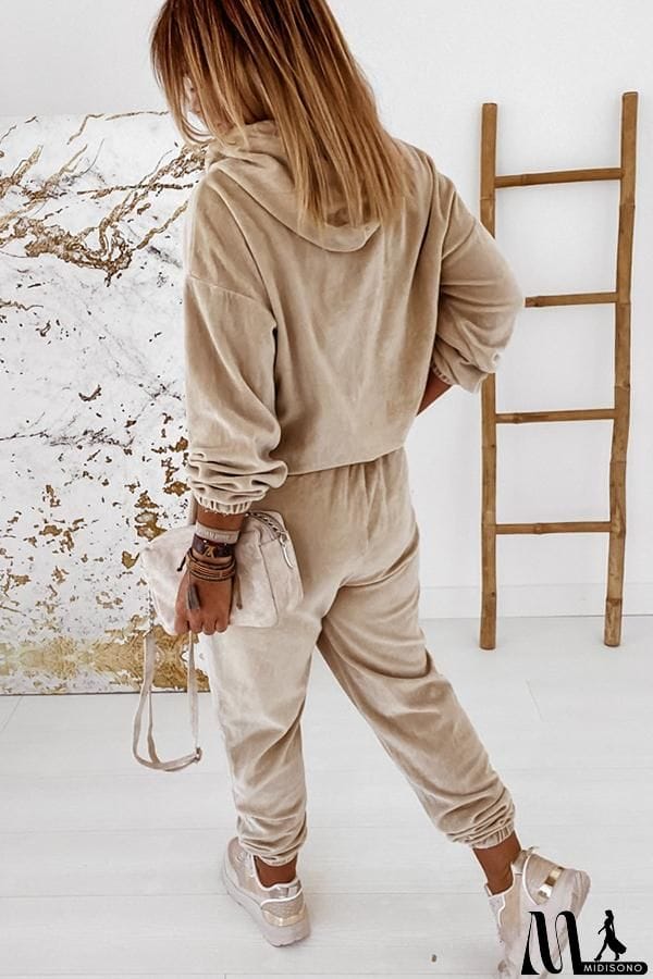 MidiSono - Velvet Drawstring Hooded Joggrt Set