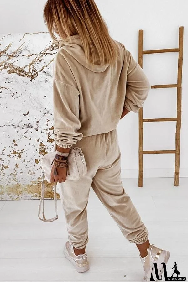 MidiSono - Velvet Drawstring Hooded Joggrt Set