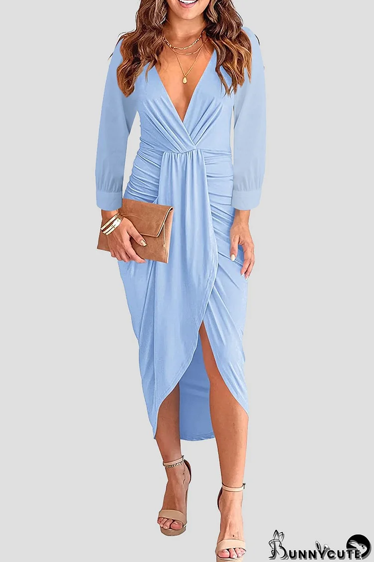 Light Blue Fashion Casual Solid Patchwork Long Sleeve Dresses