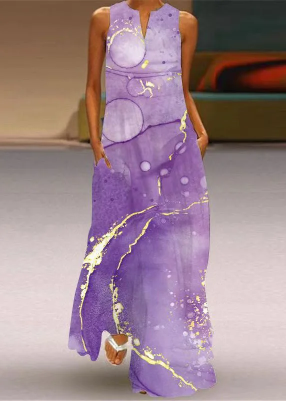 Fashion Purple V Neck Print Long Dress Summer