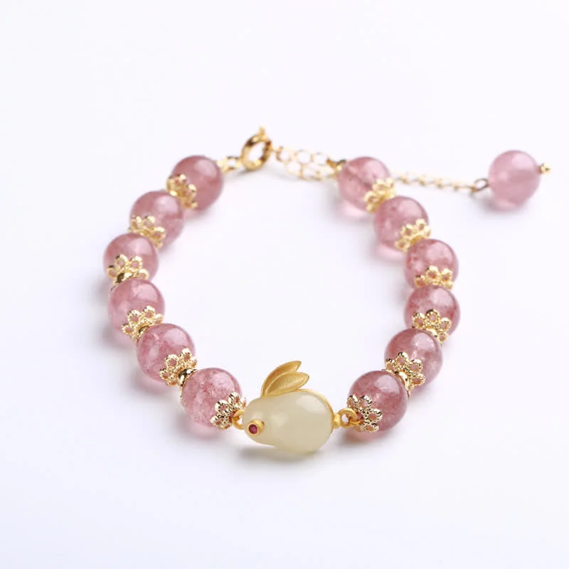 925 Sterling Silver Strawberry Quartz Year of the Rabbit Hetian Jade Moonstone Healing Bracelet