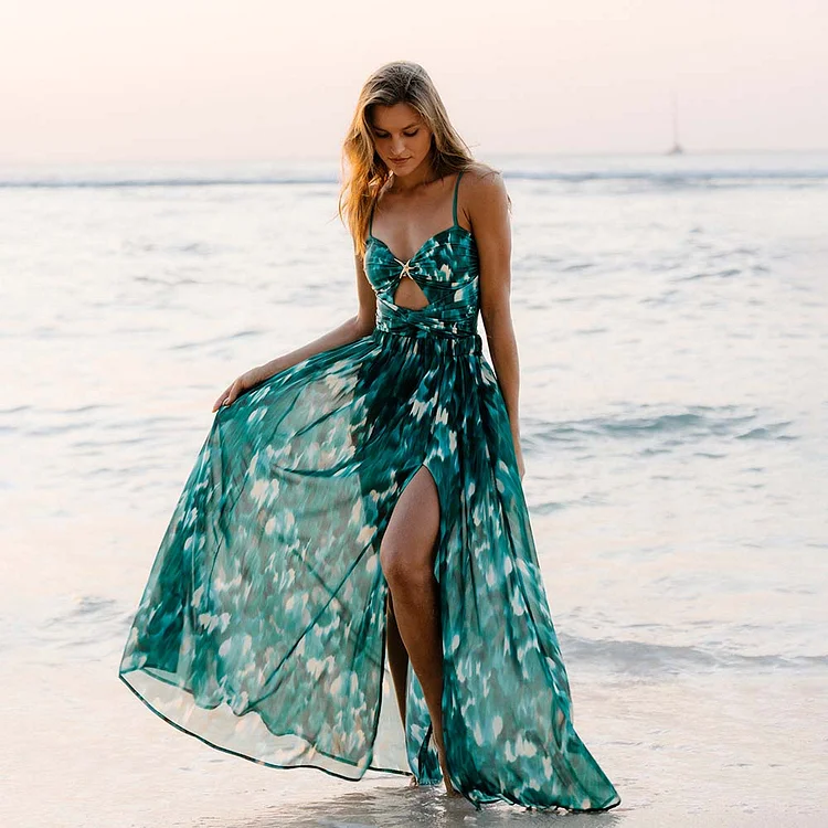 Ruched Cutout Green One Piece Swimsuit and Skirt Flaxmaker