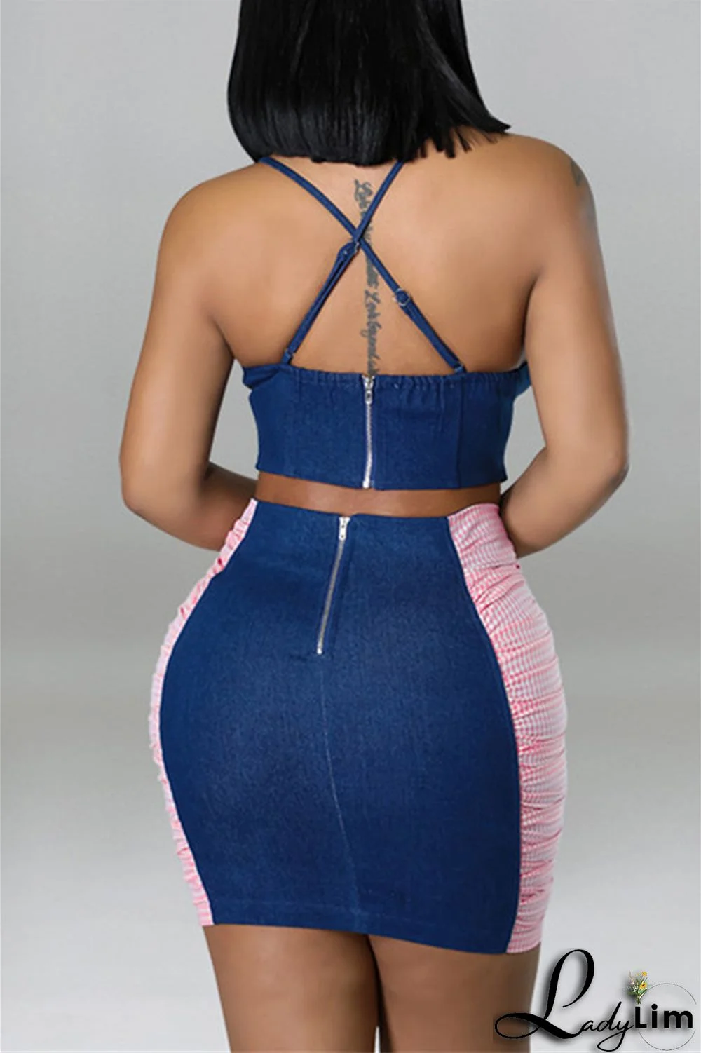 Black Fashion Sexy Plaid Patchwork Backless Asymmetrical Spaghetti Strap Sleeveless Two Pieces