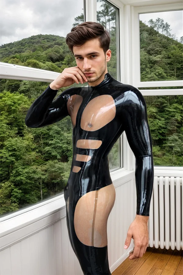 Men Latex Catsuits Transparent Hole-istic Two-Tones 