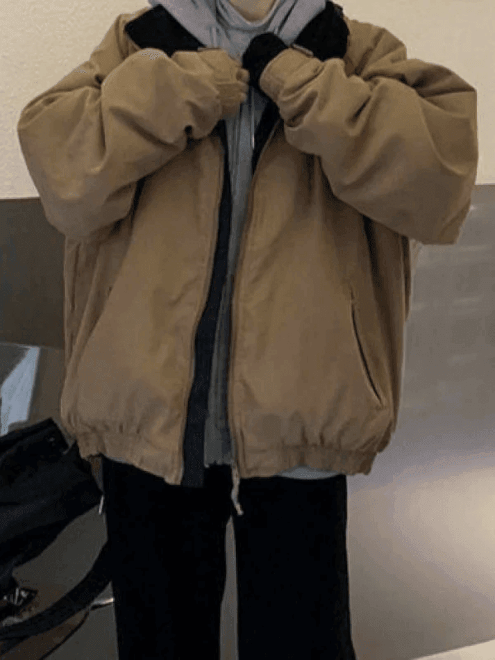 Brownm Solid Color Vintage Zip-Up Jacket