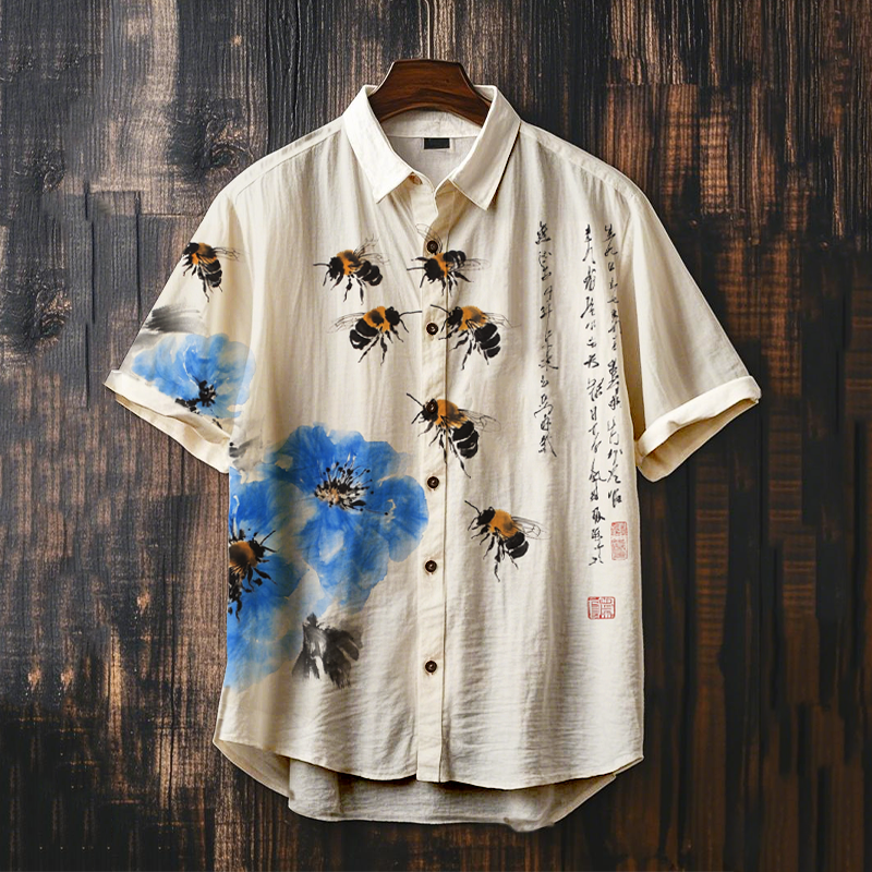 Men's Bee Floral Art Print Casual Shirt