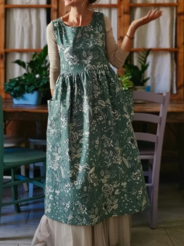 Green Printed Round Neck Cuffless Pocket Waist Loose Midi Dress