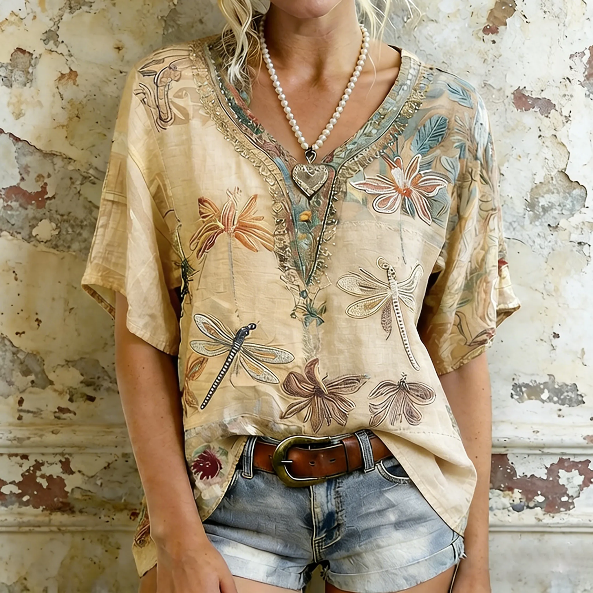 Women's Dragonfly And Floral Art  Flowy Linen Blend Short Sleeve Tops elevenforest