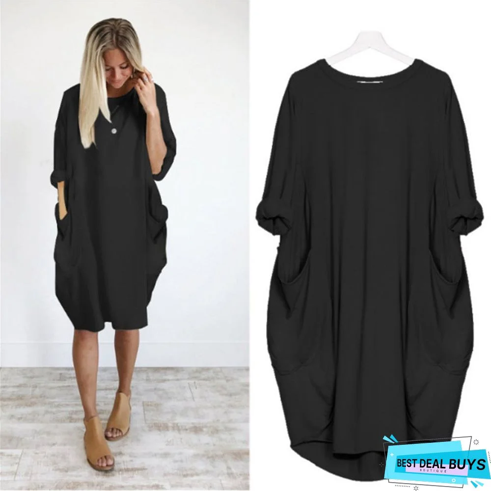 Women's Casual Loose Pocket Long-Sleeved Plus-Size Dress