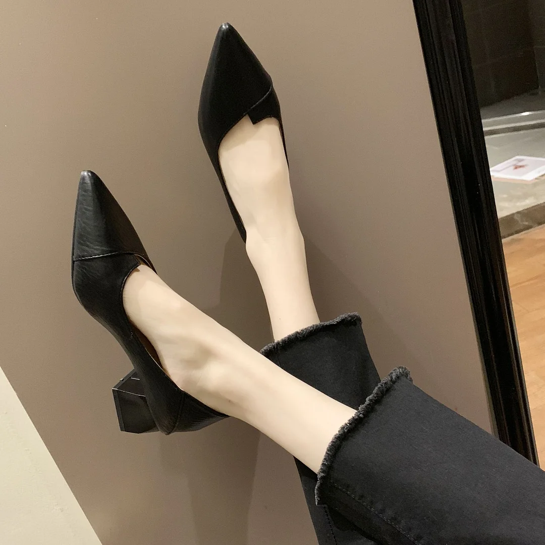 Breakj Breakj Korean Version Of Thick Heel High-Heeled Single-Shoe Women's Pointed Professional Shoes Black Heel Shoes To Work Shoes