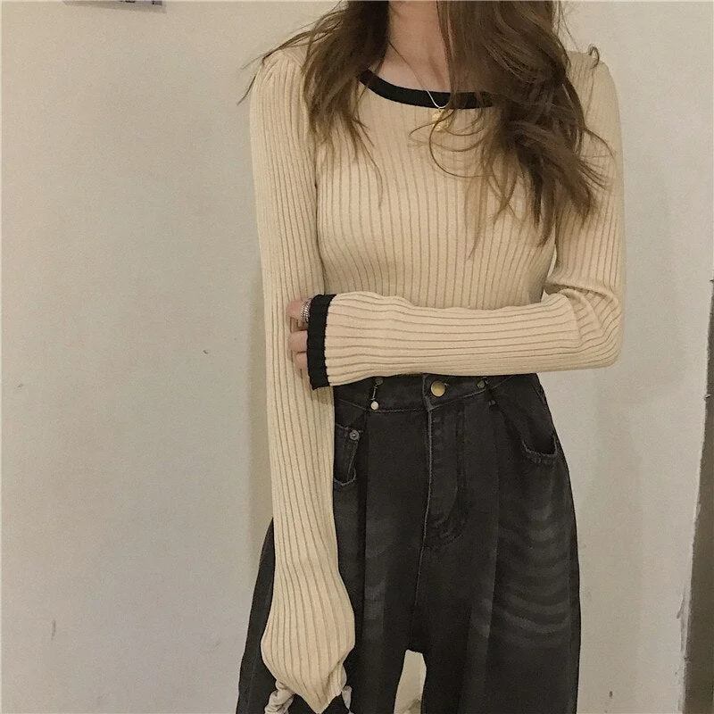 Sweater Pullovers Womens Autumn Simple Knitwear Slim O-neck Long Sleeve Trendy Patchwork All-match Leisure Female Tops Clothes