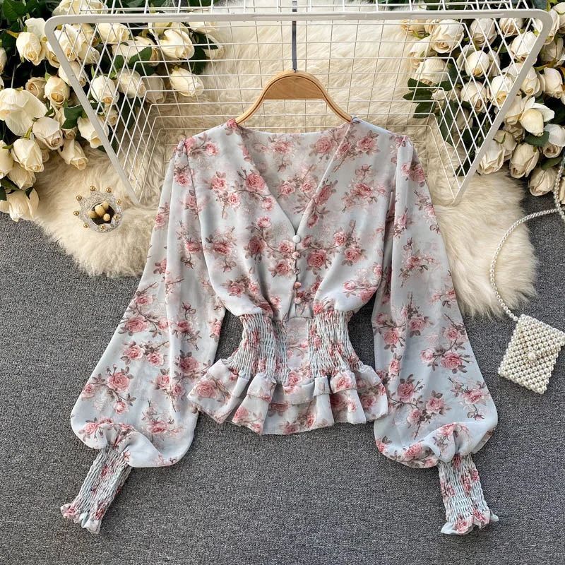 Spring 2022 New Chiffon Blouse Female Sweet Wood Ears Waist and Thin Blusa Temperament V-neck Slim Short Puff Sleeve Shirt C275