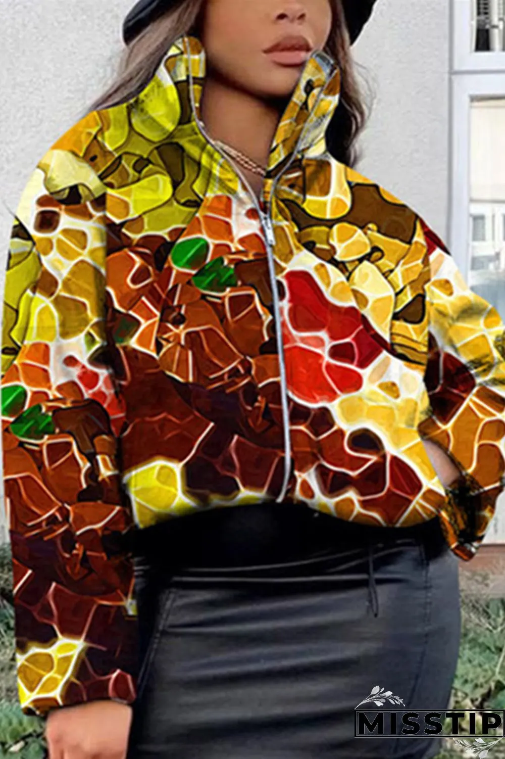 Cyanine Fashion Casual Print Basic Mandarin Collar Outerwear