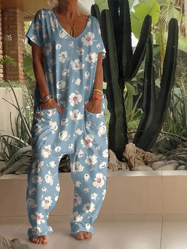 Casual Floral Print V-neck Jumpsuit