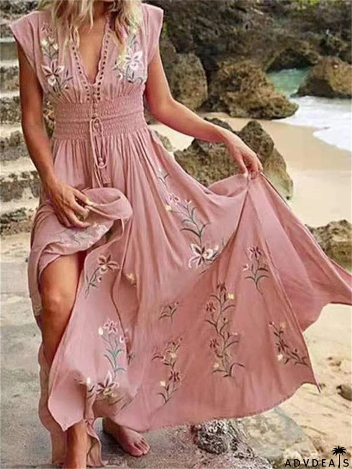 Women's Bohemian V Neck Chiffon Flowy Vacation Dress