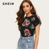 SHEIN Lady Black Roll Up Sleeve Flower Print Cap Sleeve Tee Top Women Summer Round Neck Casual Slim Fit Curve Hem T-shirts