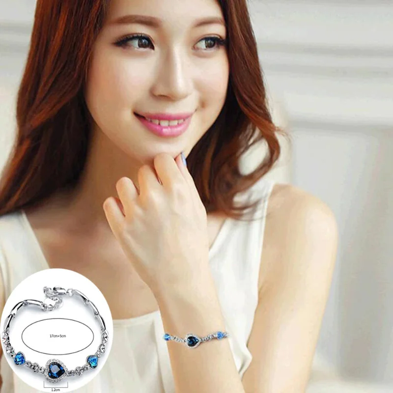 Passionate Ocean Blue Rhinestone Heart Bangle Bracelets