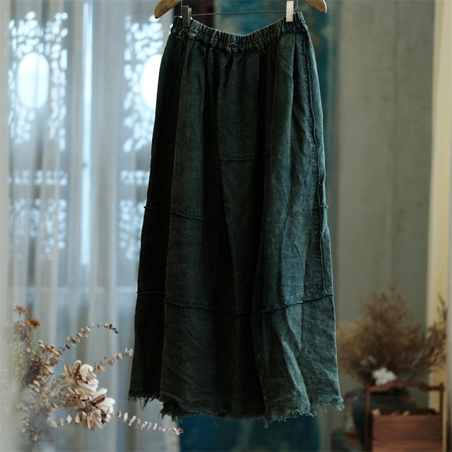 Women Washed Vintage Skirts Ladies Ripped Elastic Waist Linen Skirts