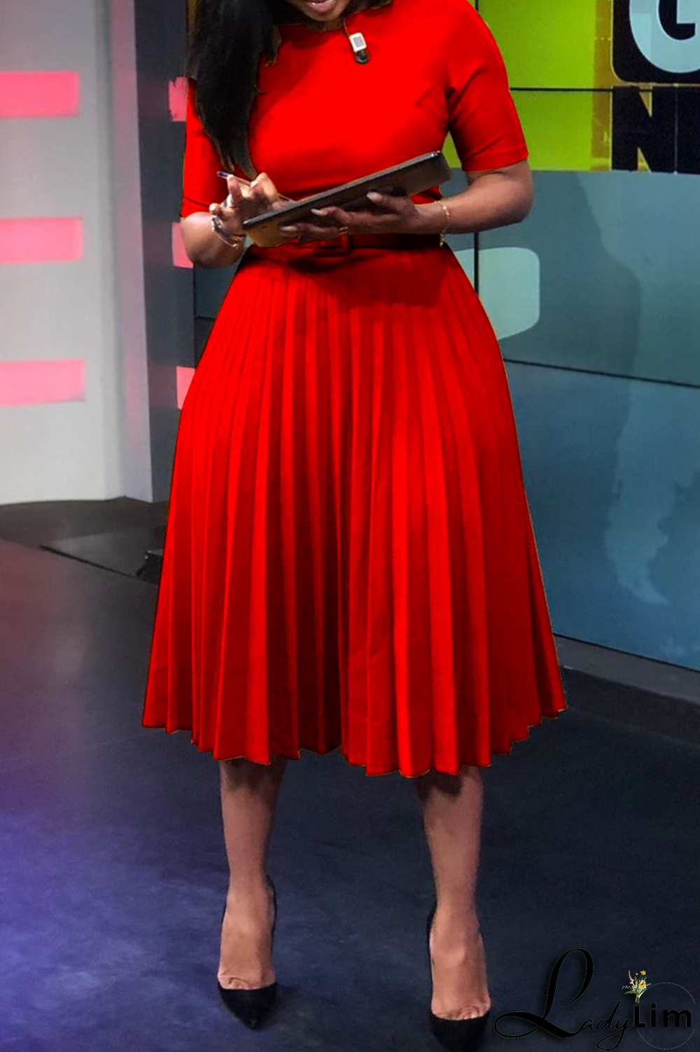 Red Casual Print Fold O Neck Waist Skirt Dresses