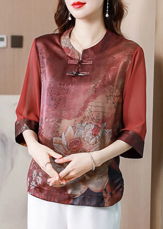 Casual Red Stand Collar Print Patchwork Silk Blouses Summer